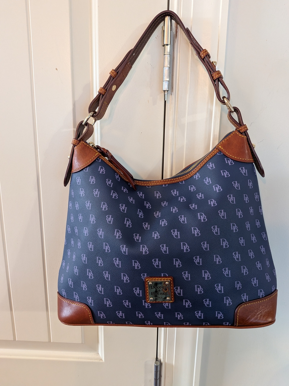 Dooney & Bourke Navy Blue DB Monogram Leather Trim Hobo Shoulder Bag